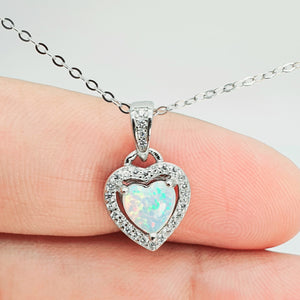 White Created Opal Heart Necklace, Sterling Silver