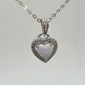 White Created Opal Heart Necklace, Sterling Silver