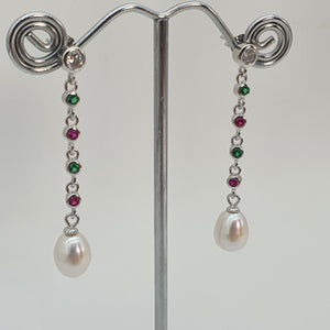 Freshwater Drop Pearl & Cubic-zirconia Earring, Sterling Silver