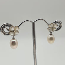 Load image into Gallery viewer, Floral Mother Of Pearl &amp; Drop Pearl Earrings, Sterling Silver
