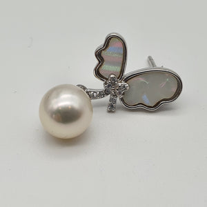 Round Freshwater Pearl Mother Of Pearl Bow Earring, Sterling Silver