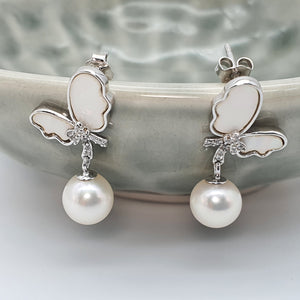 Round Freshwater Pearl Mother Of Pearl Bow Earring, Sterling Silver