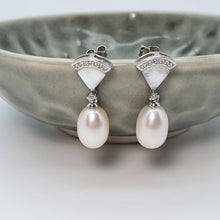 Load image into Gallery viewer, Triangle Mother Of Pearl &amp; Drop Pearl Earrings, Sterling Silver
