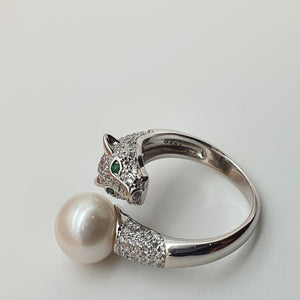 Large Freshwater Pearl Panther ring, sterling silver
