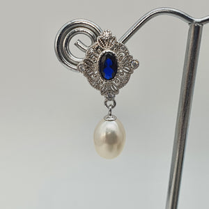 Blue Crystal & Freshwater Pearl Earring, Sterling Silver