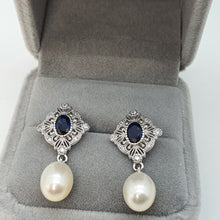 Load image into Gallery viewer, Blue Crystal &amp; Freshwater Pearl Earring, Sterling Silver
