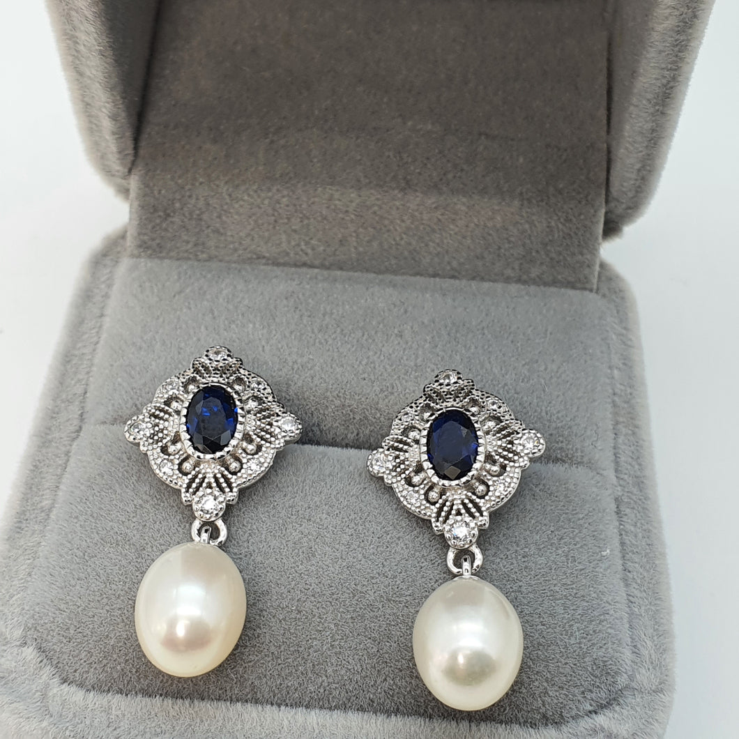 Blue Crystal & Freshwater Pearl Earring, Sterling Silver
