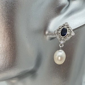 Blue Crystal & Freshwater Pearl Earring, Sterling Silver