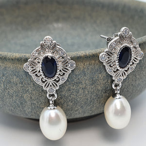 Blue Crystal & Freshwater Pearl Earring, Sterling Silver