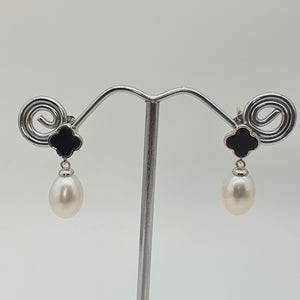 Black Agate Clover & Freshwater Pearl Drop Earring, Sterling Silver