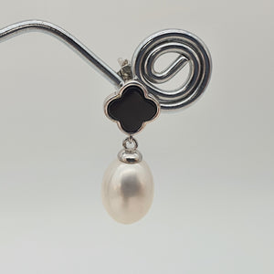 Black Agate Clover & Freshwater Pearl Drop Earring, Sterling Silver