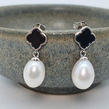 Load image into Gallery viewer, Black Agate Clover &amp; Freshwater Pearl Drop Earring, Sterling Silver
