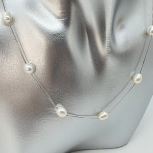 White Freshwater Pearl Station Necklace, Sterling Silver