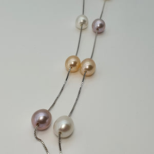 Multi_coloured Freshwater Pearl Station Necklace, Sterling Silver