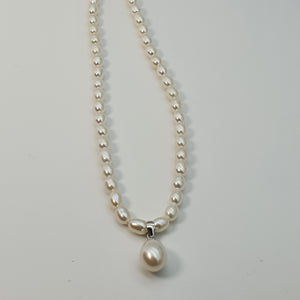 Feshwater Cultured Pearl Strand With Pendant , Sterling Silver Fower Clasp