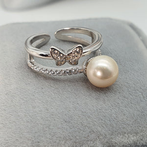 Round Freshwater Pearl Butterfly ring, sterling silver