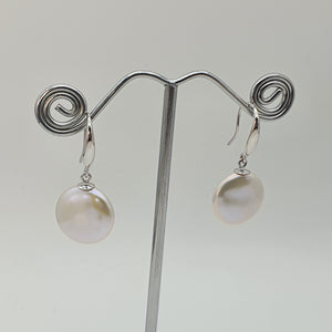 Coin Freshwater Pearl Hook Earrings, Sterling Silver