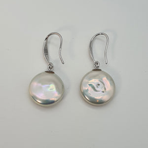 Coin Freshwater Pearl Hook Earrings, Sterling Silver