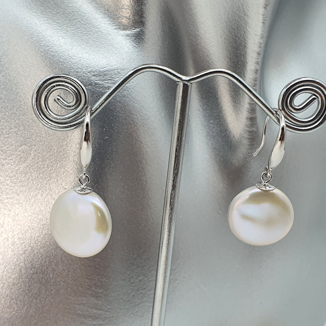 Coin Freshwater Pearl Hook Earrings, Sterling Silver