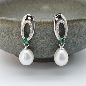 Green Crystal & Freshwater Pearl Oval Earring, Sterling Silver