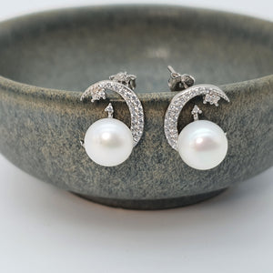 Freshwater Pearl Moon & Star Earring, Sterling Silver