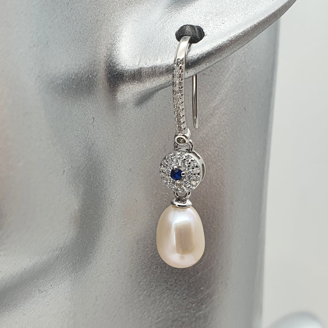 Blue Crystal & Freshwater Pearl Bridal Earrings, Sterling Silver