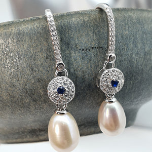 Blue Crystal & Freshwater Pearl Bridal Earrings, Sterling Silver