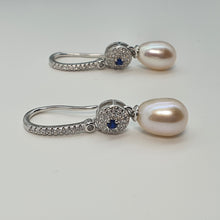 Load image into Gallery viewer, Blue Crystal &amp; Freshwater Pearl Bridal Earrings, Sterling Silver
