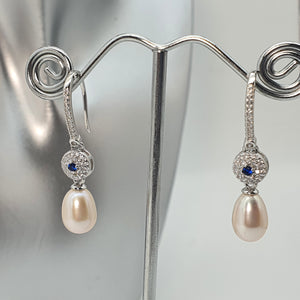 Blue Crystal & Freshwater Pearl Bridal Earrings, Sterling Silver